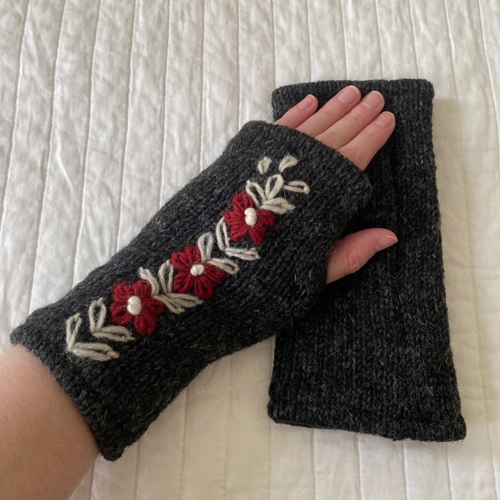 Fingerless Gloves - Hand Warmers - Floral - Artisan Made - Hand Knitted